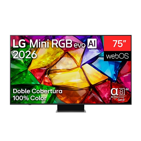 The front view of LG Mini RGB evo AI MRGB85, released in 2026, displays a crystalline image of sharply defined multicolored facets, featuring an 75-inch display, webOS, RGB Primary Color Pro, and the alpha 8 AI Processor 4K Gen3.